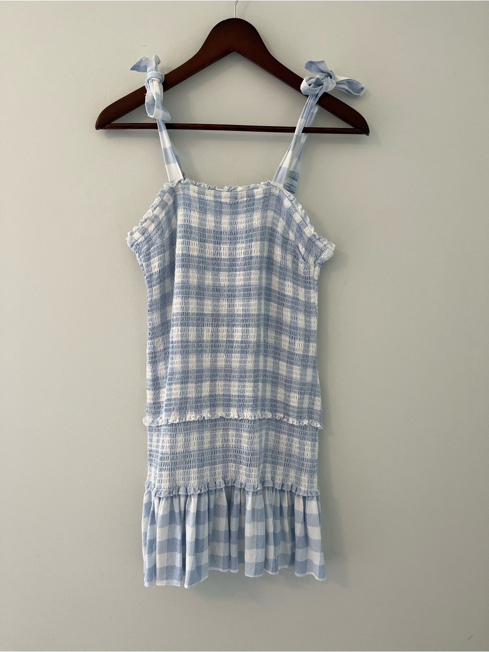 Japna Smocked Gingham Tie-Strap Mini Dress Blue & White S - Picture 2 of 11